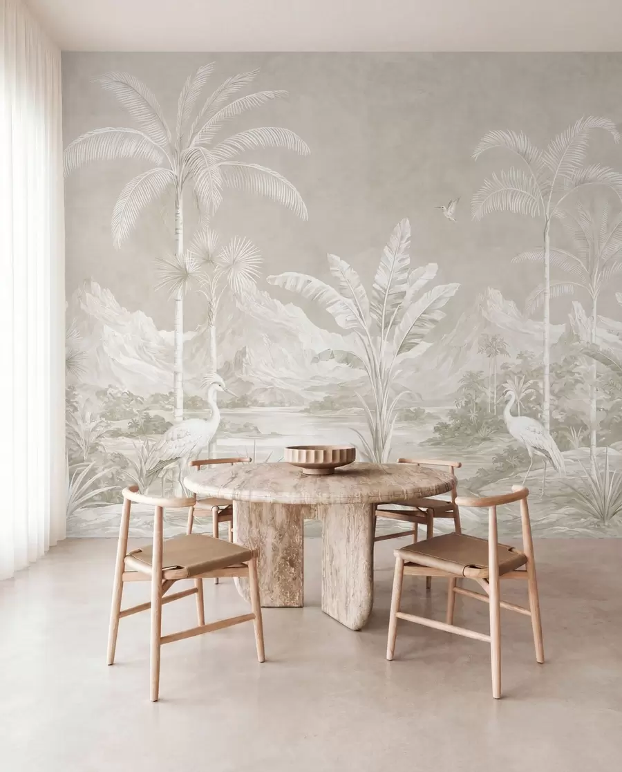 wall murals Светли тропски пејзаж са палмама, птицама и планинама w05819v1
