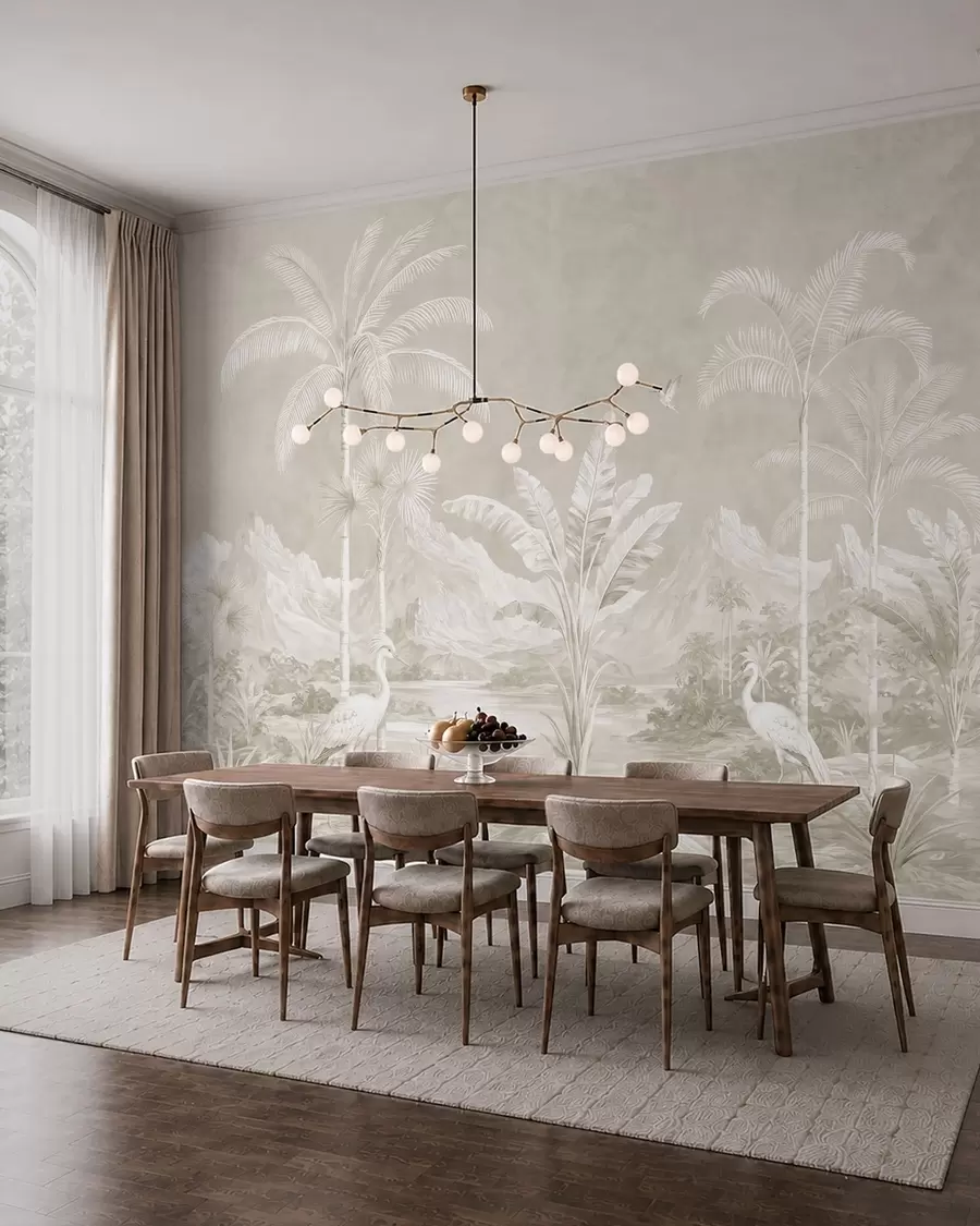 wall murals Светли тропски пејзаж са палмама, птицама и планинама w05819v1