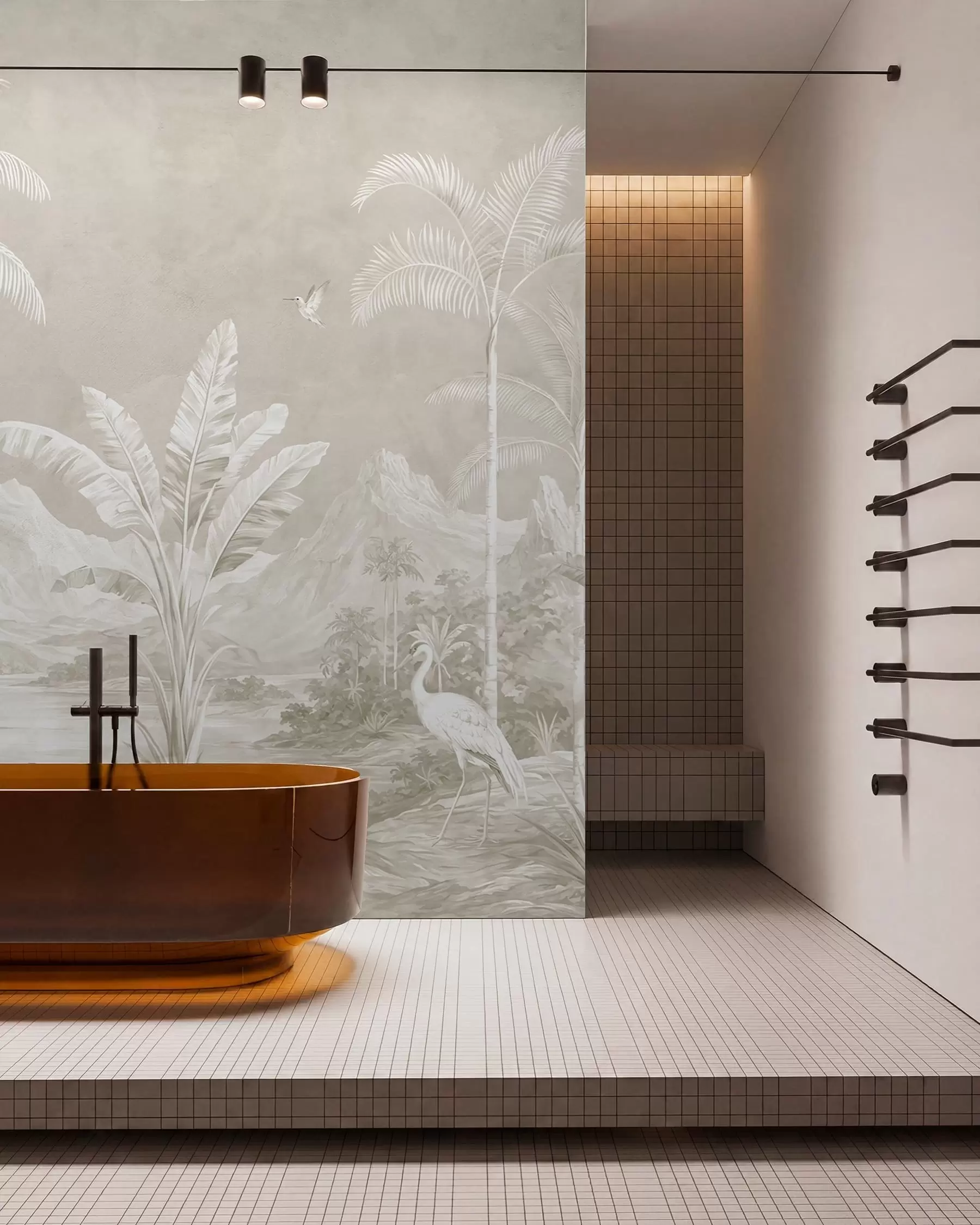 wall murals Светли тропски пејзаж са палмама, птицама и планинама w05819v1