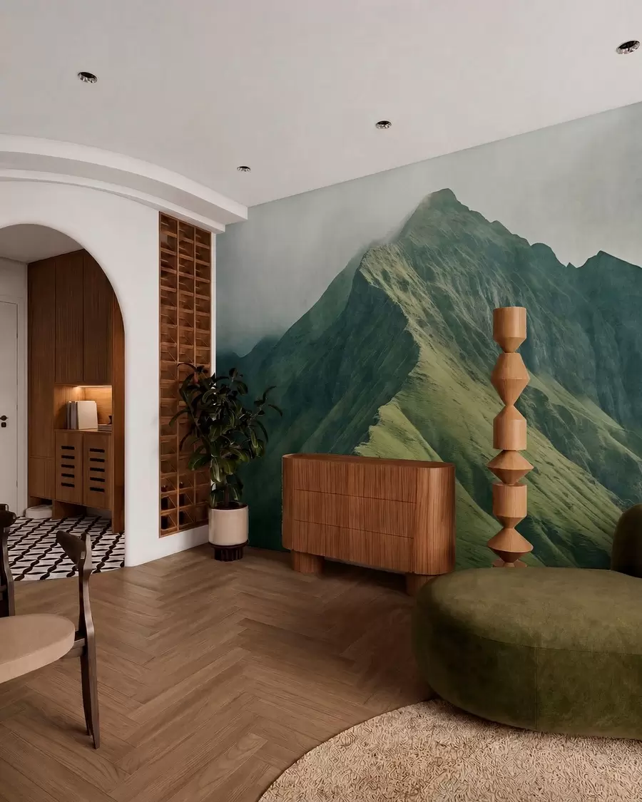 wall murals Планински малахит са зеленим падинама и врхом обавијеним меком маглом w05820