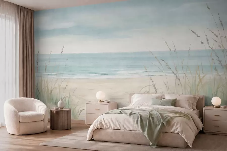 wall murals Шкољкасти песак са нежном обалом и травом у меким пастелним тоновима w05821