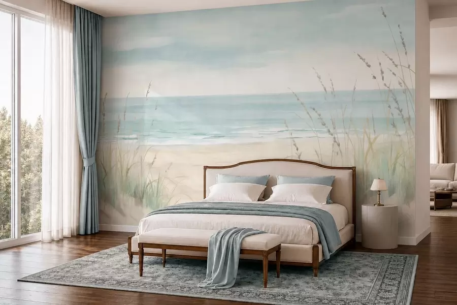 wall murals Шкољкасти песак са нежном обалом и травом у меким пастелним тоновима w05821
