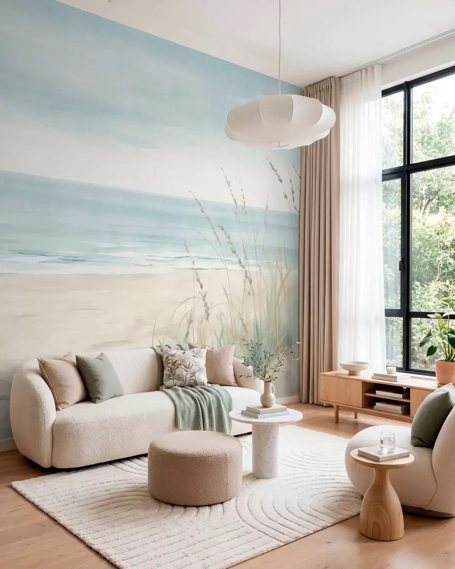 wall murals Шкољкасти песак са нежном обалом и травом у меким пастелним тоновима w05821