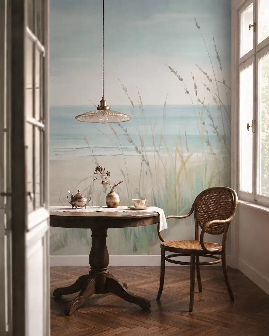 wall murals Шкољкасти песак са нежном обалом и травом у меким пастелним тоновима w05821