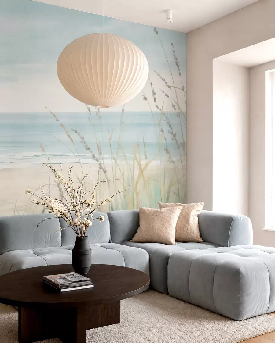 wall murals Шкољкасти песак са нежном обалом и травом у меким пастелним тоновима w05821