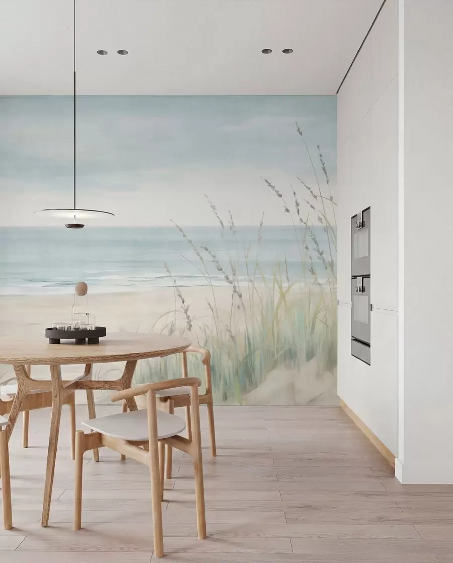 wall murals Шкољкасти песак са нежном обалом и травом у меким пастелним тоновима w05821