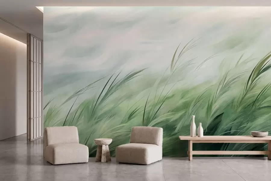 wall murals Жалфија зелена са нежним травама које се благо савијају на тихом поветарцу w05853