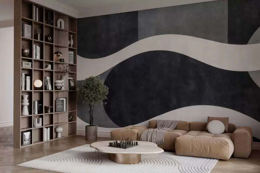 wall murals Графит са текућим бледим таласима преко дубоких угљено сивих облика w05854