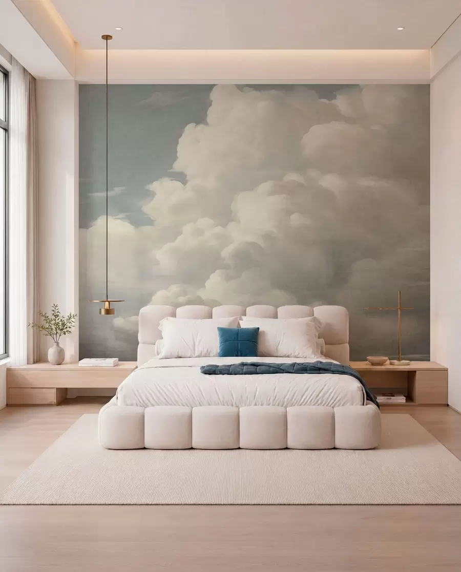 wall murals Бисерна магла са меким кремастим облацима који лебде преко мирног неба w05855