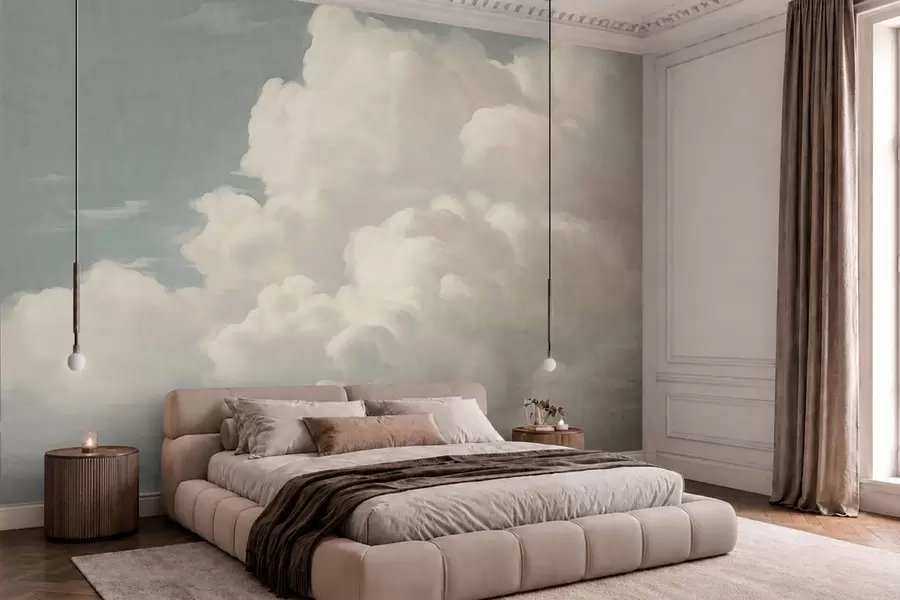 wall murals Бисерна магла са меким кремастим облацима који лебде преко мирног неба w05855