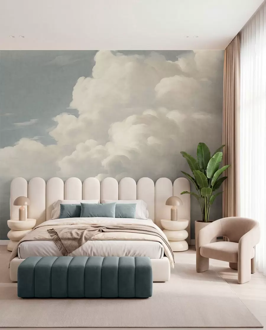 wall murals Бисерна магла са меким кремастим облацима који лебде преко мирног неба w05855