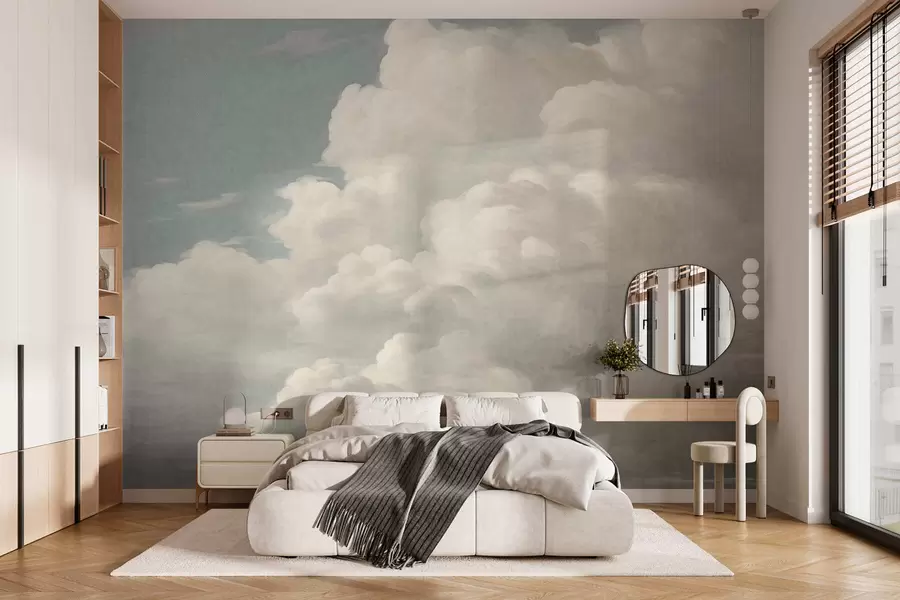 wall murals Бисерна магла са меким кремастим облацима који лебде преко мирног неба w05855