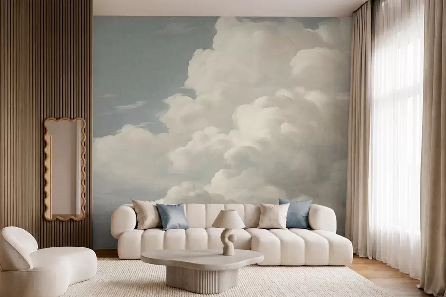 wall murals Бисерна магла са меким кремастим облацима који лебде преко мирног неба w05855