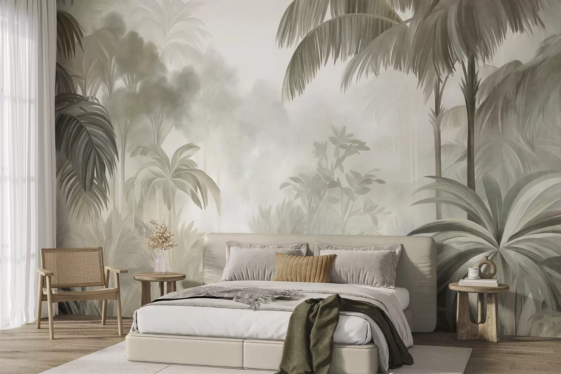 wall murals Текстурирани пејзаж џунгле са палмама и бујним лишћем, у меком, сликарском стилу w10016