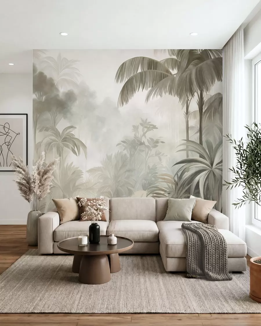 wall murals Текстурирани пејзаж џунгле са палмама и бујним лишћем, у меком, сликарском стилу w10016