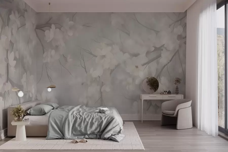 wall murals Бели цветови трешње на танким гранама, замагљена, светло сива позадина, текстурирана уметност w10012