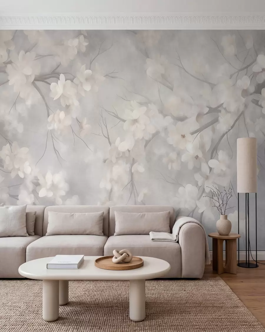 wall murals Бели цветови трешње на танким гранама, замагљена, светло сива позадина, текстурирана уметност w10012