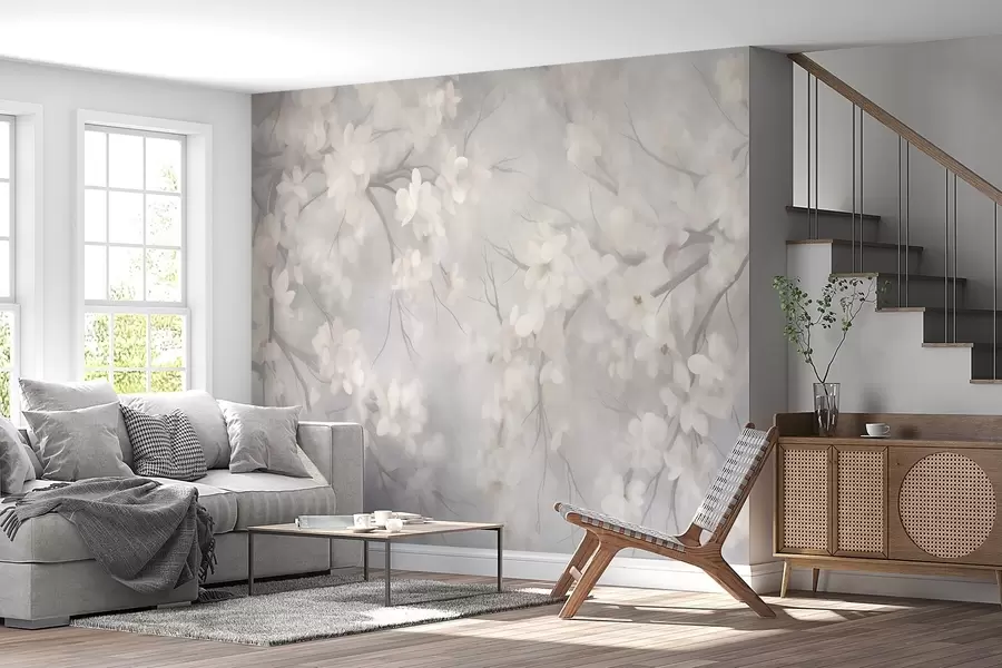 wall murals Бели цветови трешње на танким гранама, замагљена, светло сива позадина, текстурирана уметност w10012