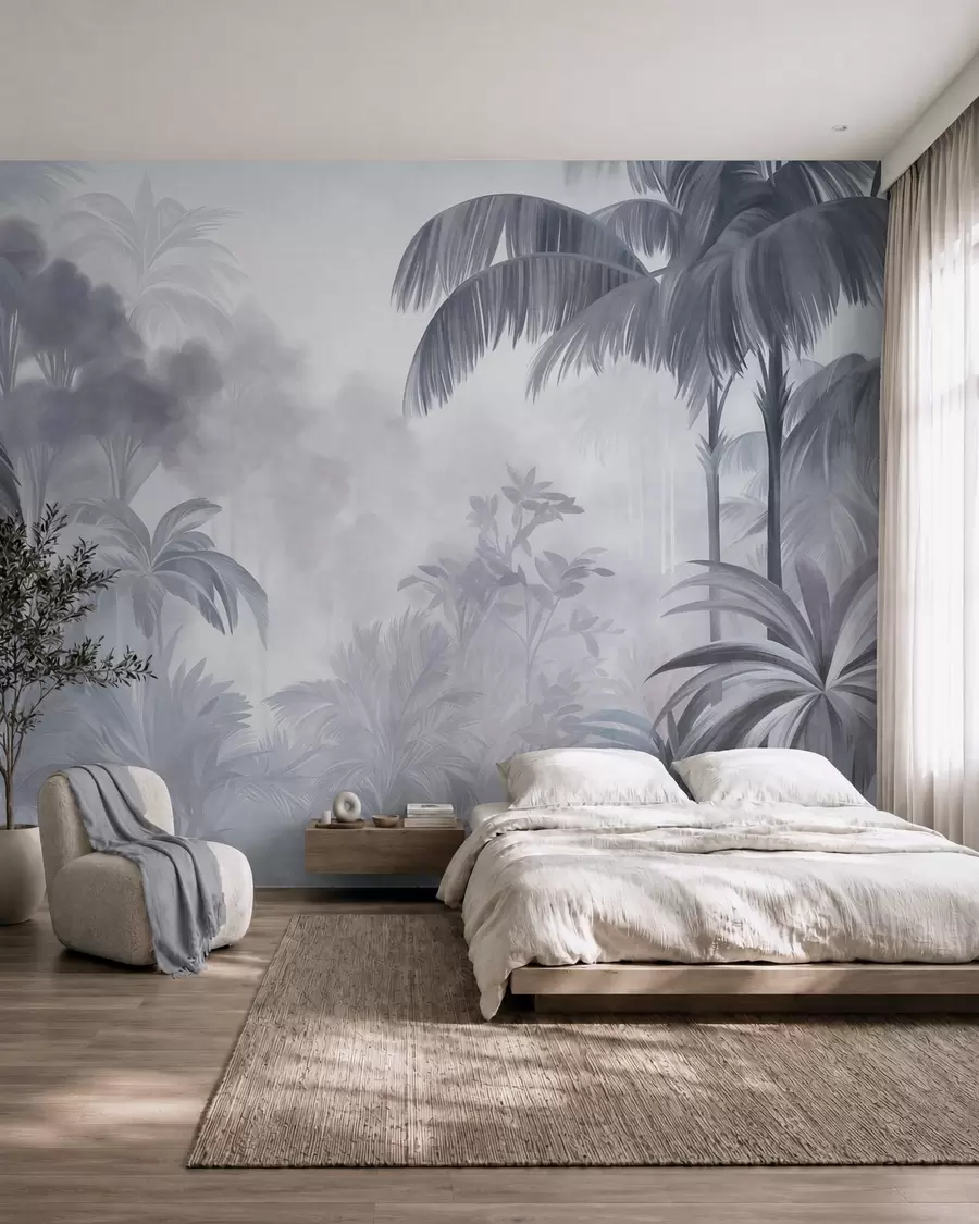 wall murals Текстурирани пејзаж џунгле са палмама и бујним лишћем, у меком, сликарском стилу w10016v1