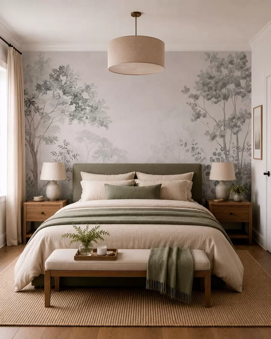 wall murals Шумско дрвеће и зеленило на светлој магловитој позадини w05856v1