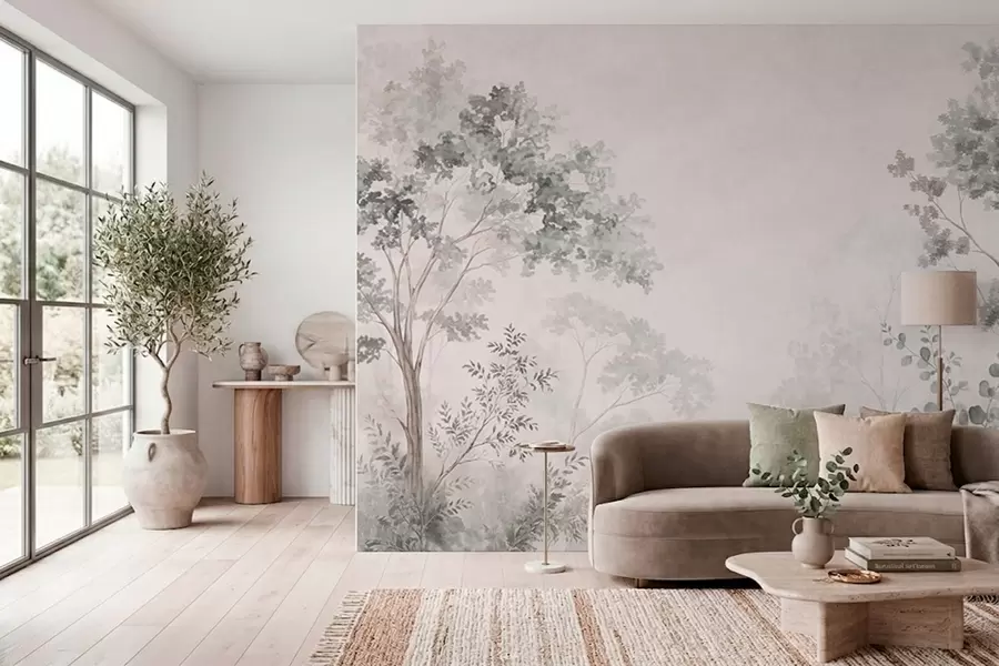wall murals Шумско дрвеће и зеленило на светлој магловитој позадини w05856v1