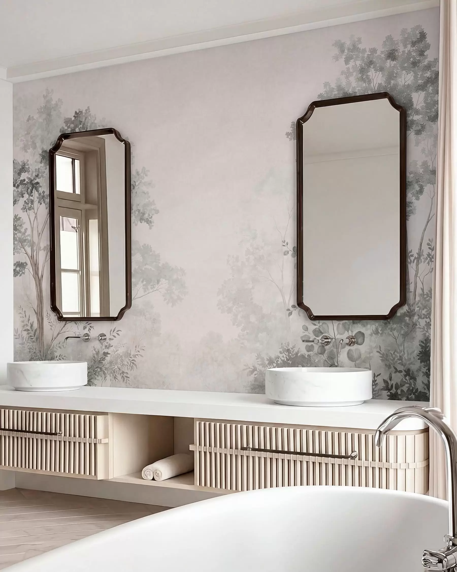 wall murals Шумско дрвеће и зеленило на светлој магловитој позадини w05856v1