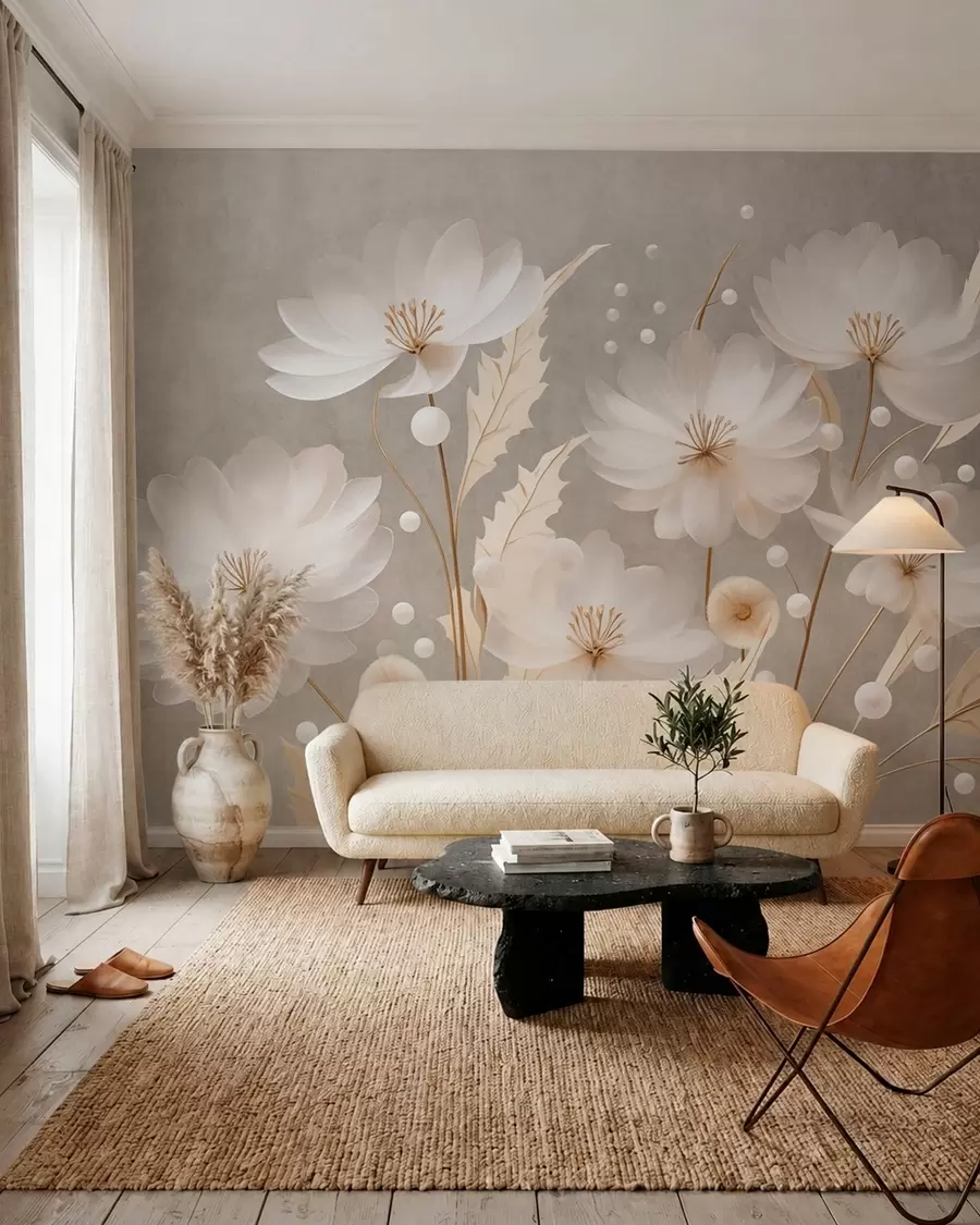 wall murals Велики бели цветови са украсним листовима на сивој позадини w05857