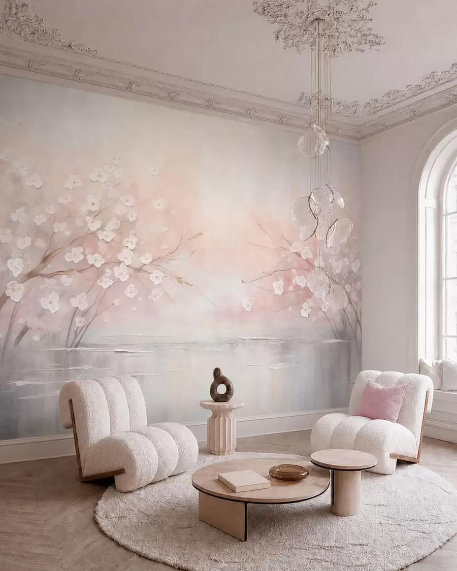 wall murals Цветајуће гране изнад мирне воде у меким ружичастим тоновима w05858