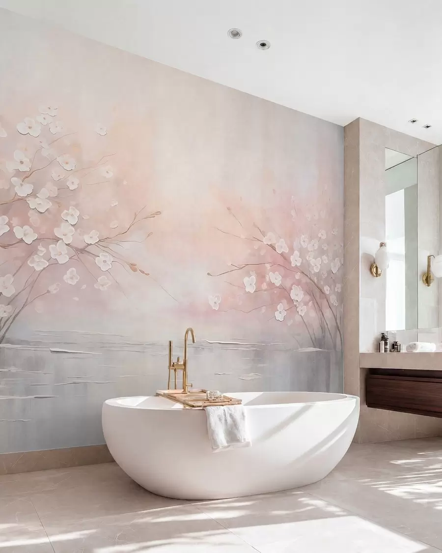 wall murals Цветајуће гране изнад мирне воде у меким ружичастим тоновима w05858
