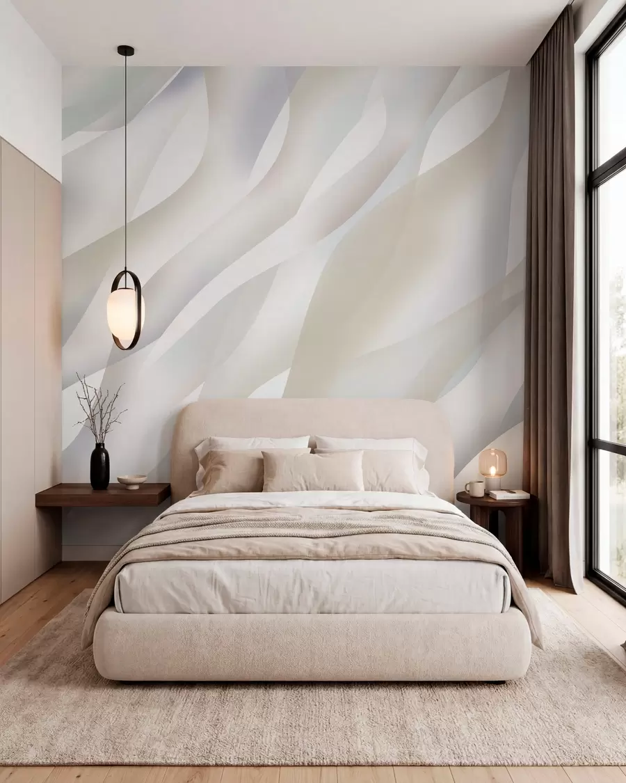wall murals Апстрактни таласи у нијансама сиве и беж на белој позадини w05758