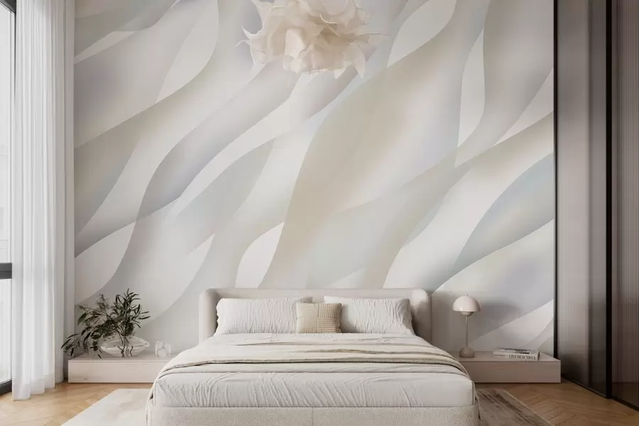 wall murals Апстрактни таласи у нијансама сиве и беж на белој позадини w05758