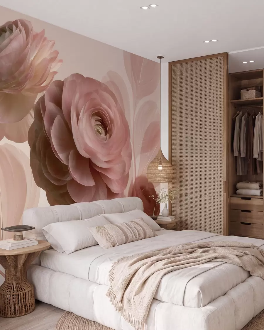 wall murals Волуминозни цветови ранункулуса прашкасто-ружичасте боје са провидним латицама у нежним ружичастим и беж тоновима w09998