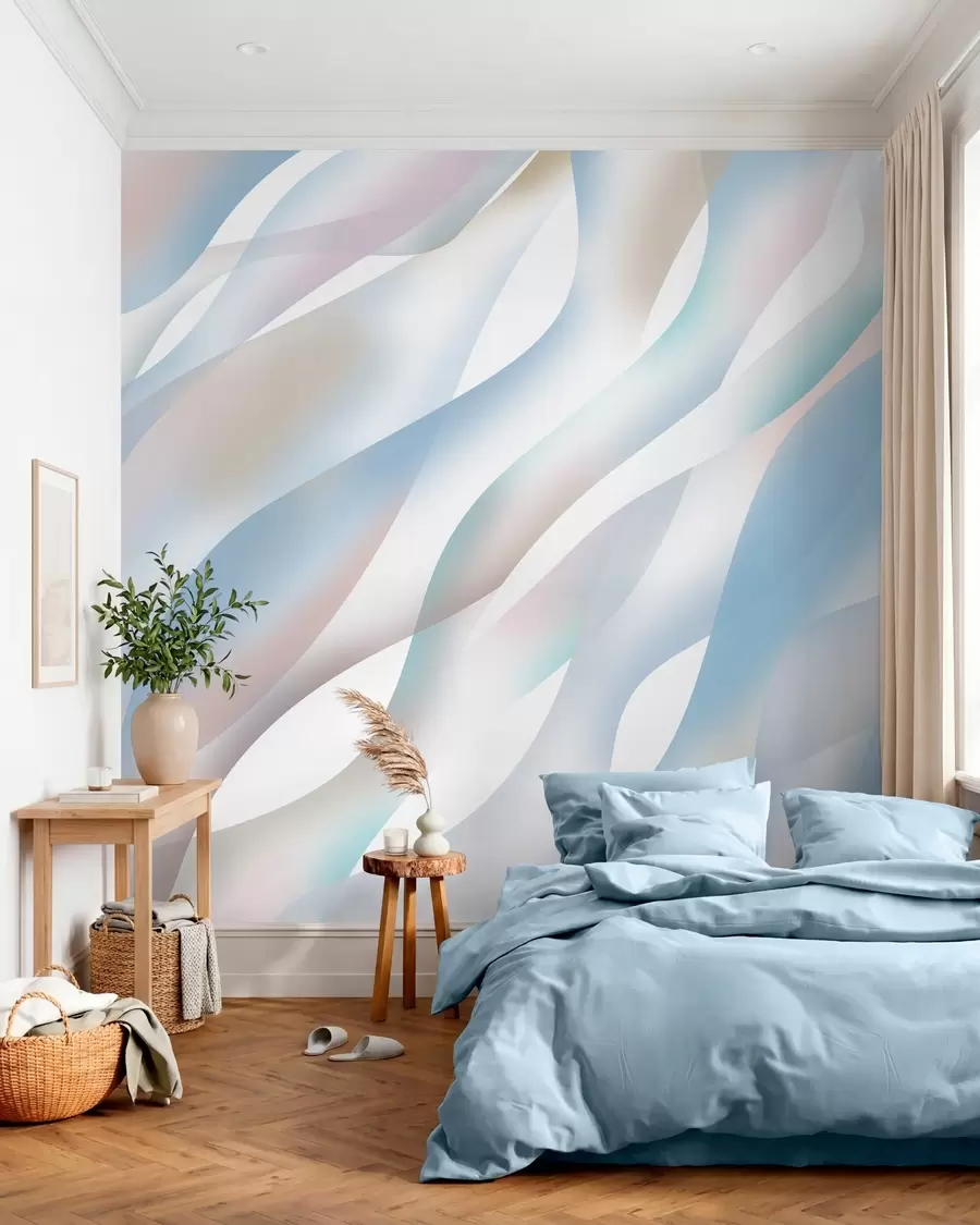 wall murals Апстрактни таласи у нијансама плаве, ружичасте и беж боје на белој позадини w05758v1