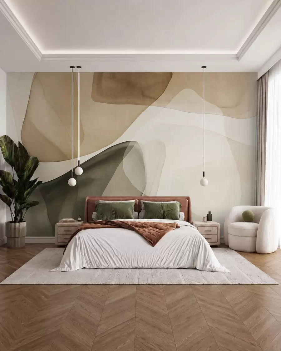 wall murals Апстрактни облици у нијансама беж и зелене, текстурирани, ефекат провидних слојева w10022