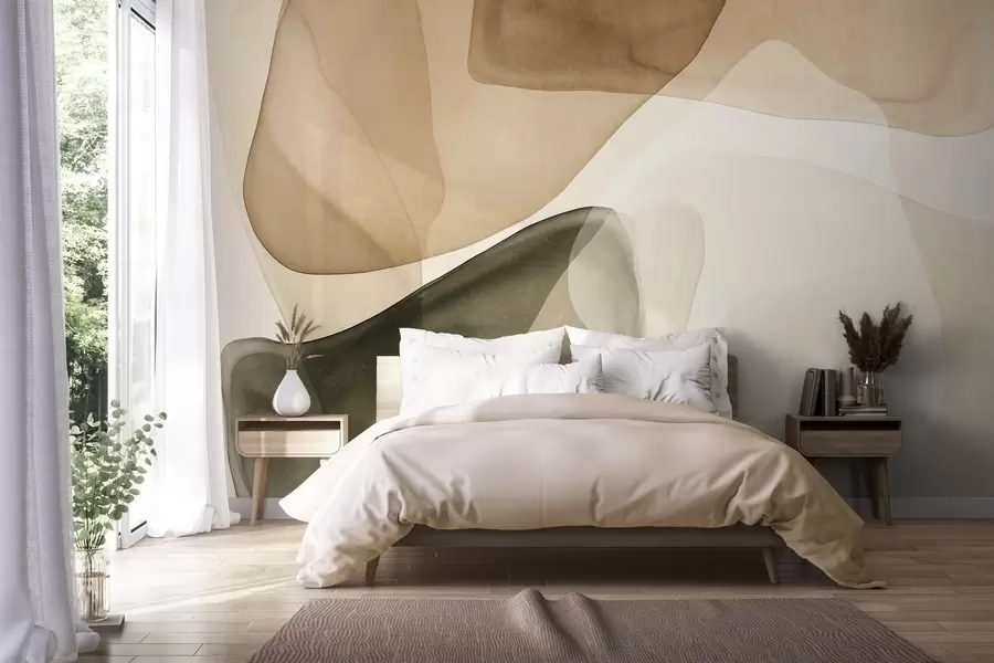 wall murals Апстрактни облици у нијансама беж и зелене, текстурирани, ефекат провидних слојева w10022