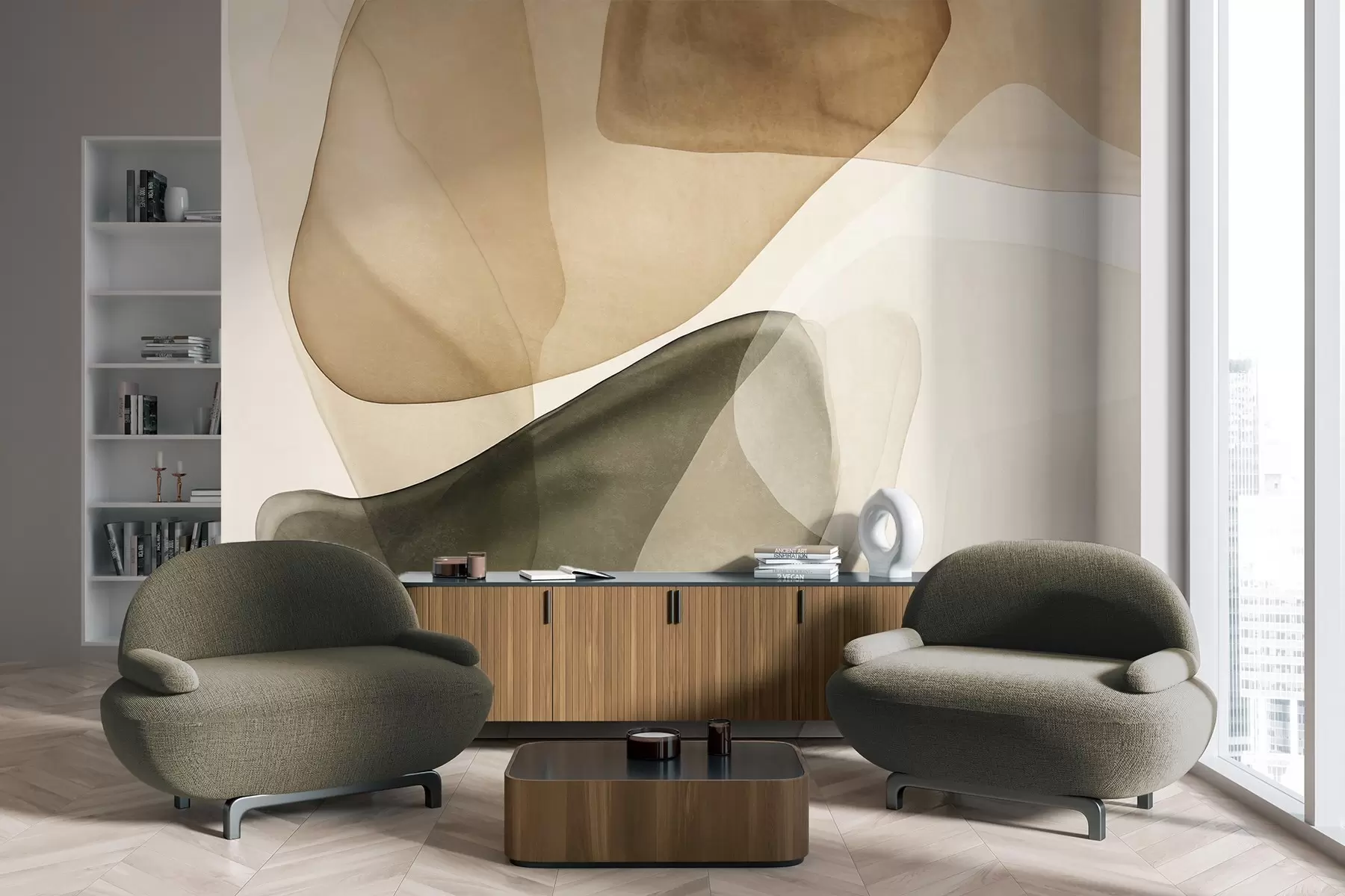 wall murals Апстрактни облици у нијансама беж и зелене, текстурирани, ефекат провидних слојева w10022