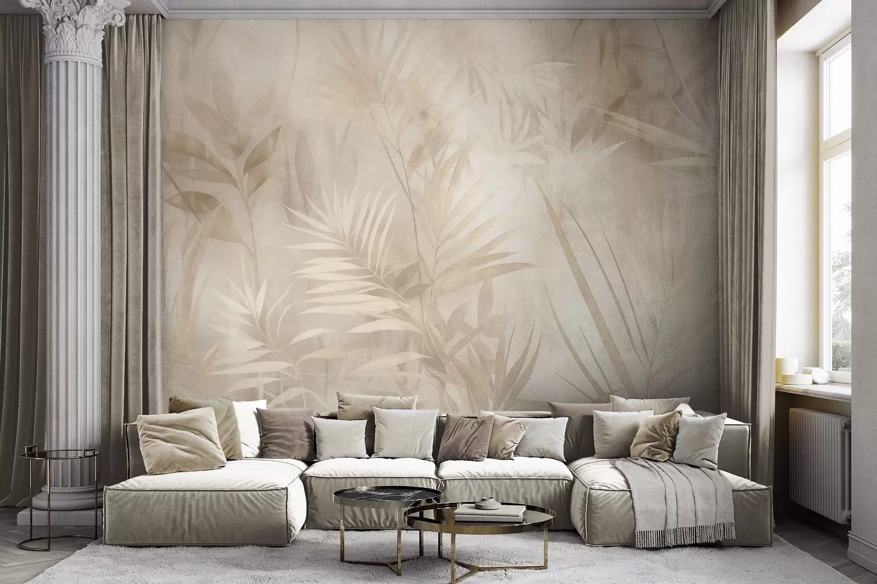 wall murals Палмино лишће у пригушеним беж и крем тоновима, са меком позадином, тропска џунгла w10023