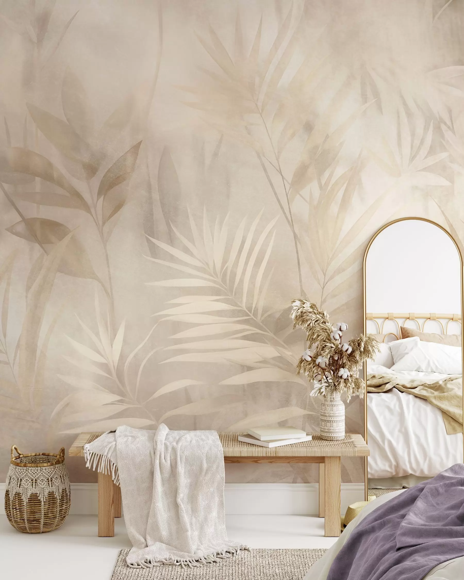 wall murals Палмино лишће у пригушеним беж и крем тоновима, са меком позадином, тропска џунгла w10023