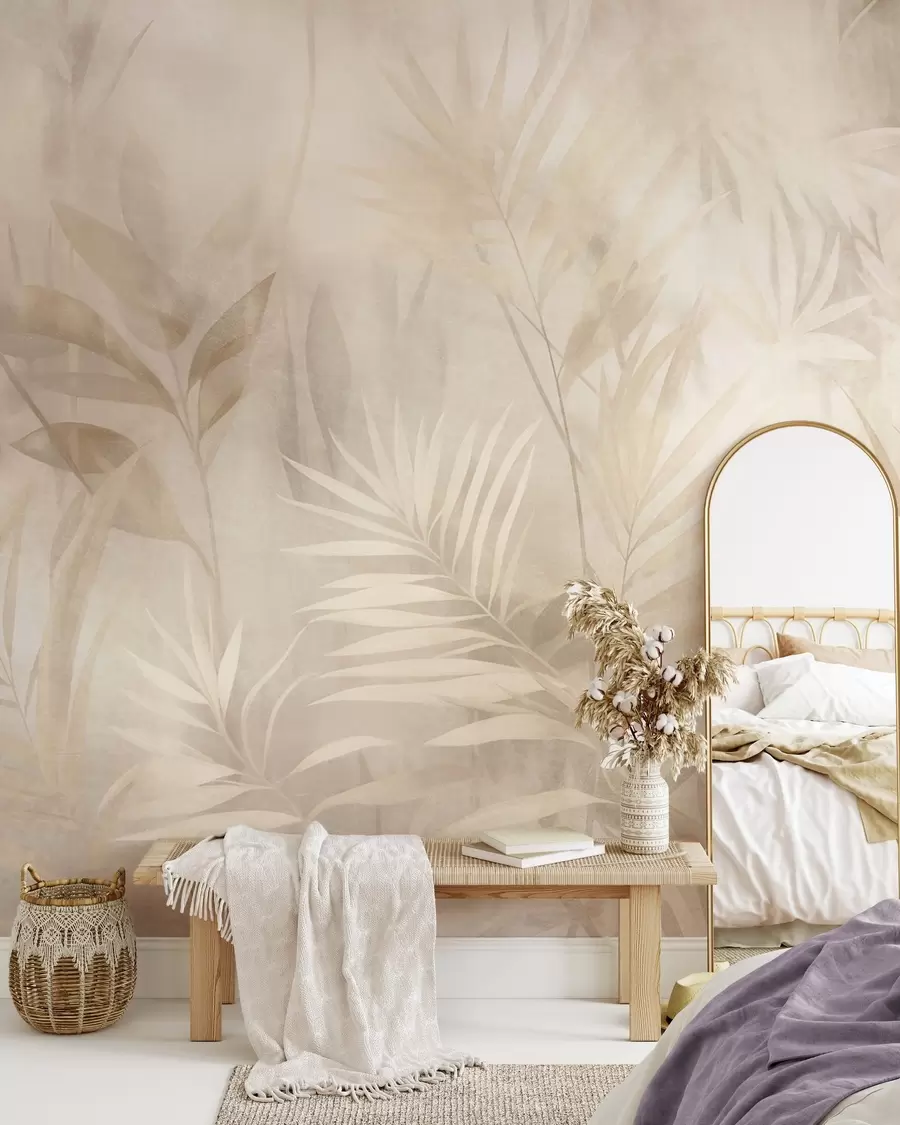 wall murals Палмино лишће у пригушеним беж и крем тоновима, са меком позадином, тропска џунгла w10023
