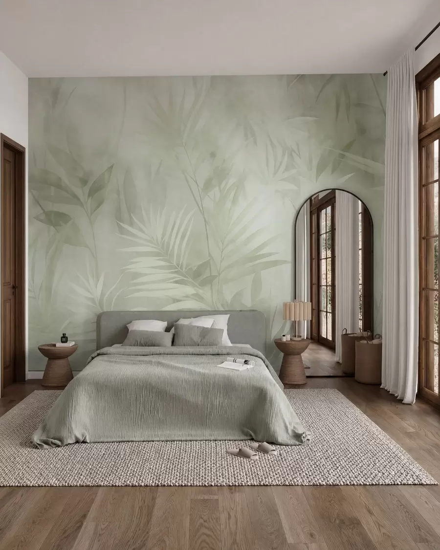 wall murals Палмино лишће у пригушеним зеленим тоновима, са меком позадином, тропска џунгла w10023v1