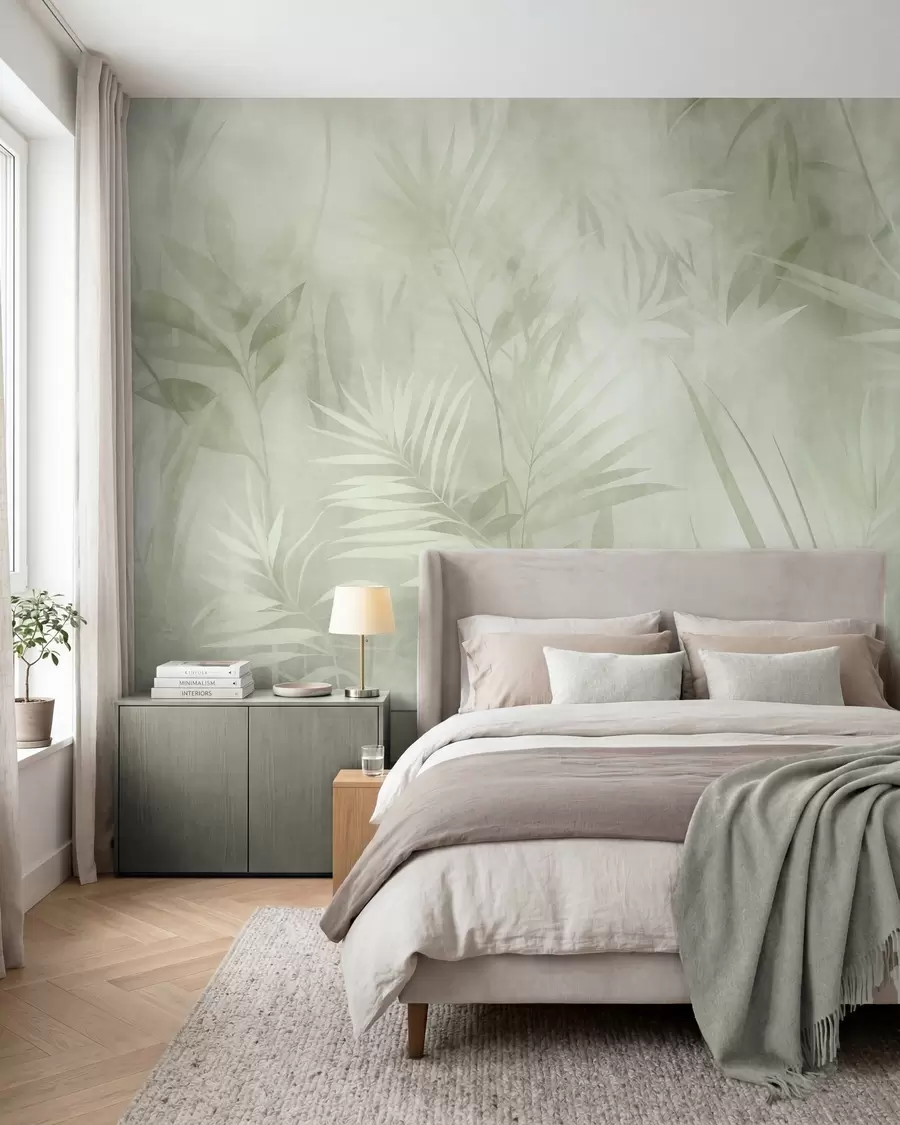 wall murals Палмино лишће у пригушеним зеленим тоновима, са меком позадином, тропска џунгла w10023v1