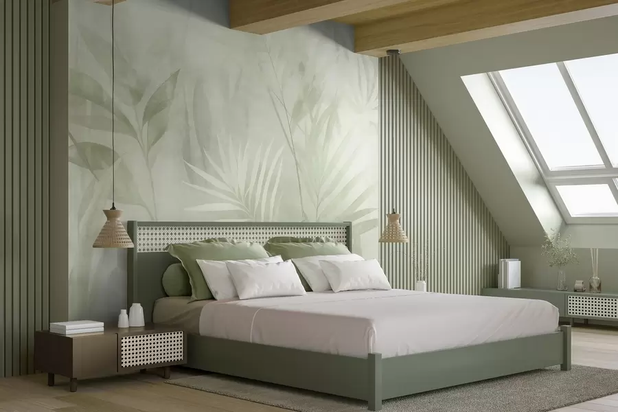 wall murals Палмино лишће у пригушеним зеленим тоновима, са меком позадином, тропска џунгла w10023v1