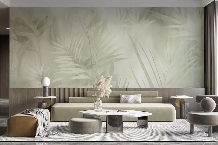 wall murals Палмино лишће у пригушеним зеленим тоновима, са меком позадином, тропска џунгла w10023v1