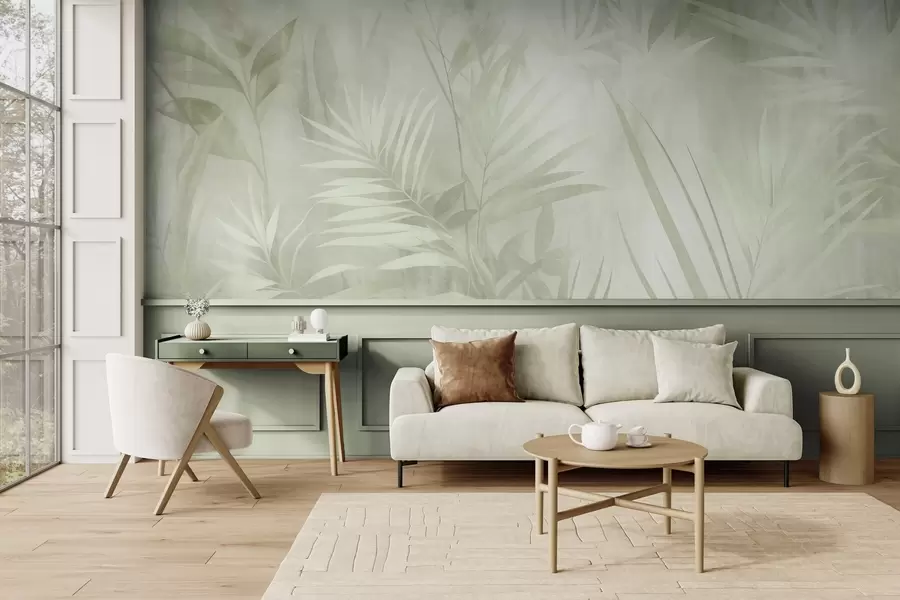 wall murals Палмино лишће у пригушеним зеленим тоновима, са меком позадином, тропска џунгла w10023v1