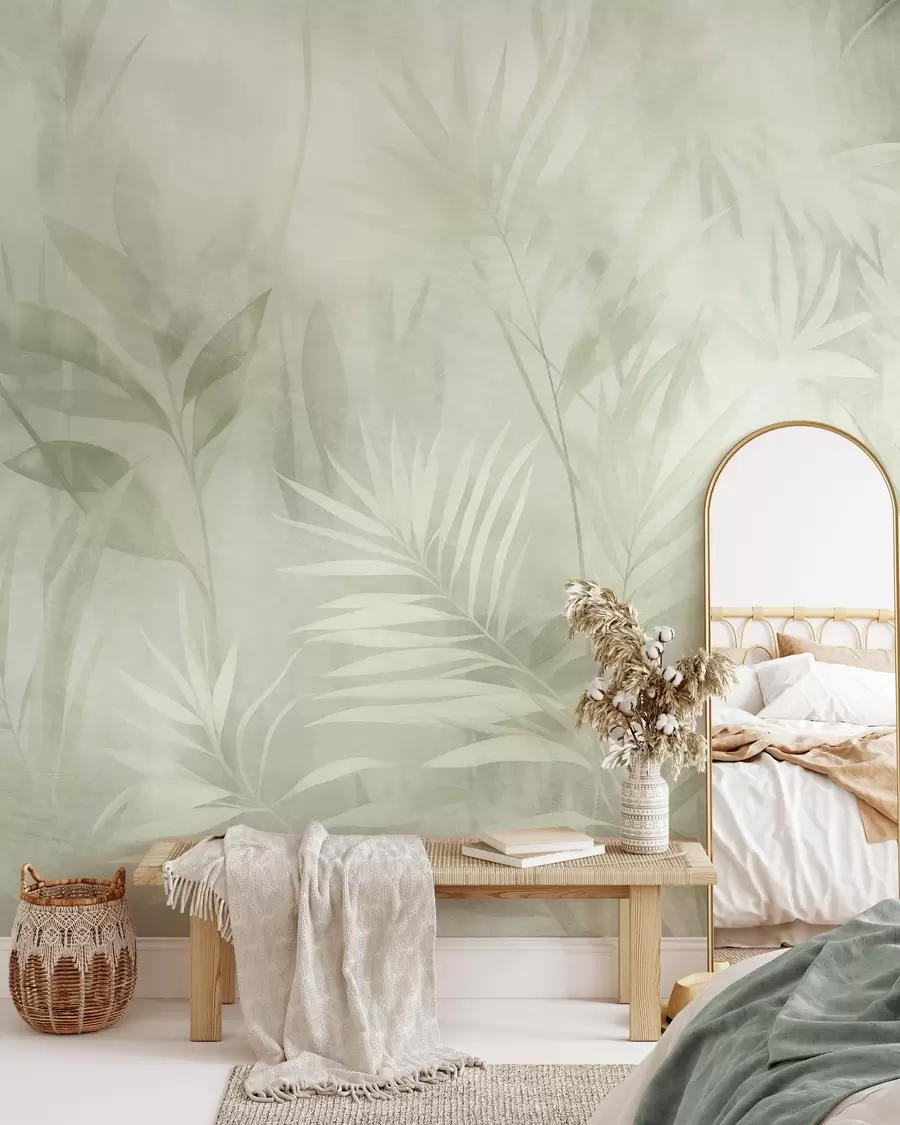 wall murals Палмино лишће у пригушеним зеленим тоновима, са меком позадином, тропска џунгла w10023v1