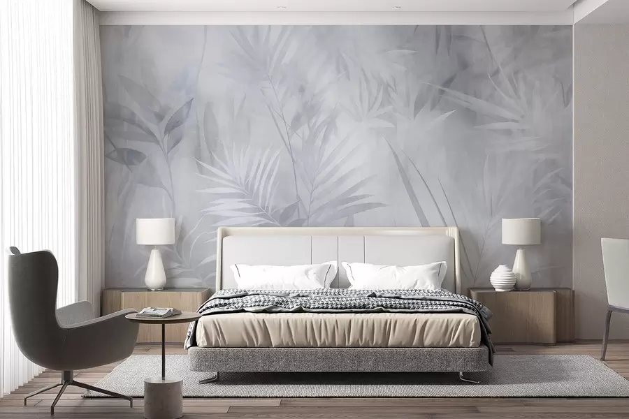 wall murals Палмино лишће у пригушеним плавим тоновима, са меком позадином, тропска џунгла w10023v2