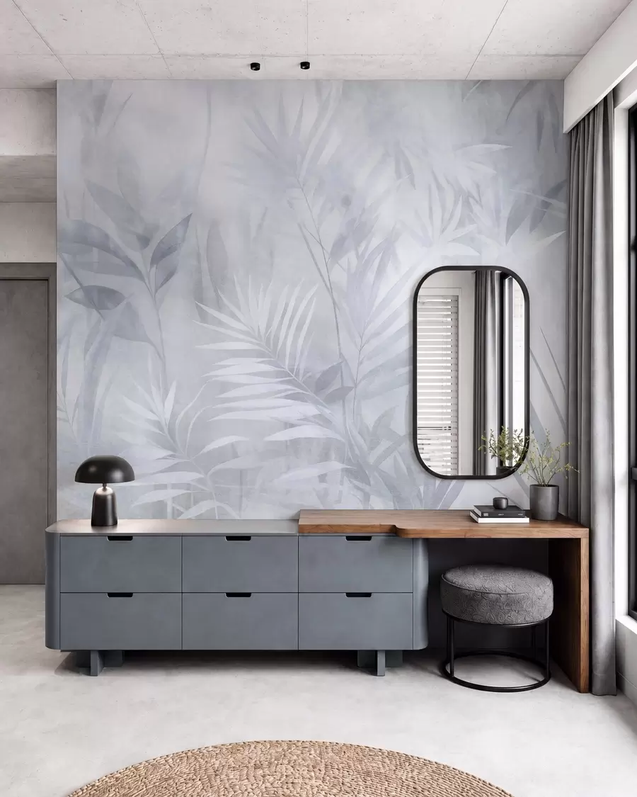 wall murals Палмино лишће у пригушеним плавим тоновима, са меком позадином, тропска џунгла w10023v2