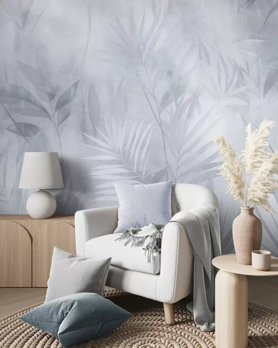 wall murals Палмино лишће у пригушеним плавим тоновима, са меком позадином, тропска џунгла w10023v2