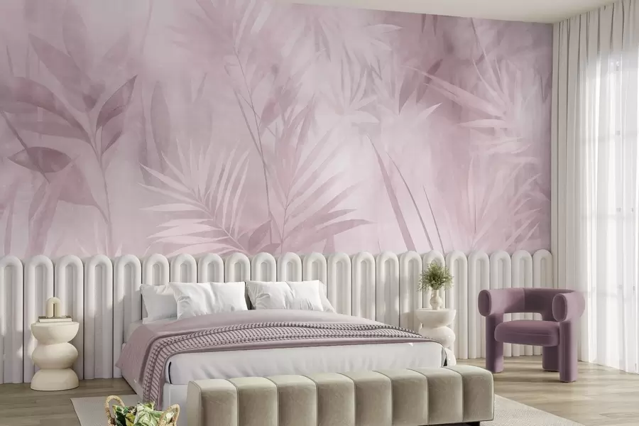 wall murals Палмино лишће у пригушеним ружичастим тоновима, са меком позадином, тропска џунгла w10023v3