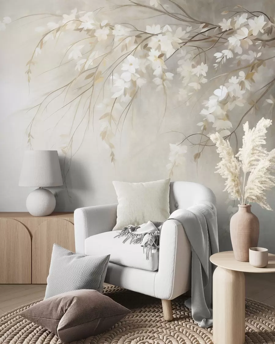 wall murals Нежна грана трешње са белим цветовима и листовима, стил сликања w10024